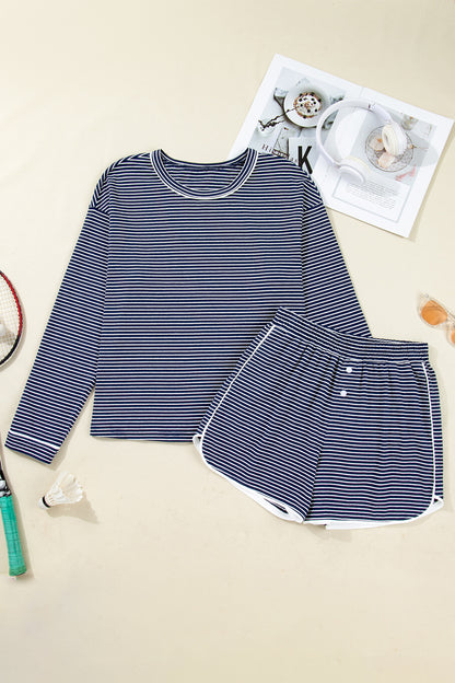 Blue Stripe Drop Shoulder Round Neck Long Sleeve Tee and Buttoned Shorts 2pcs Lounge Set - Snoopy's Closet
