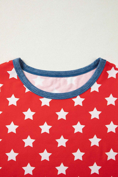 Red Stars Print Colorblock Binding Tape Collar Cuff Viscose Tunic Top