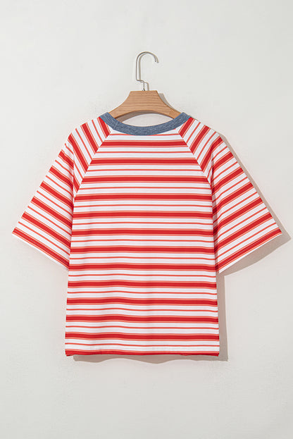 Tomato Red Stripe Print Contrast Collar Raglan Sleeve T Shirt - Snoopy's Closet