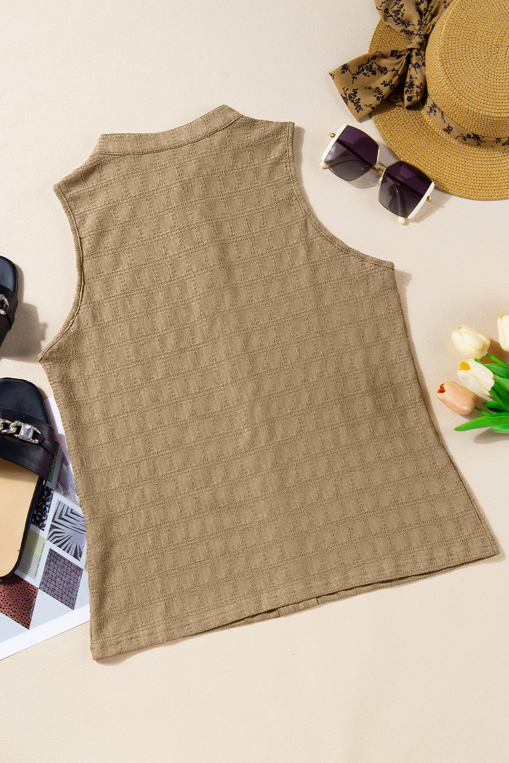 Light French Beige Lattice Textured Split Neck Tank Top - Snoopy's Closet