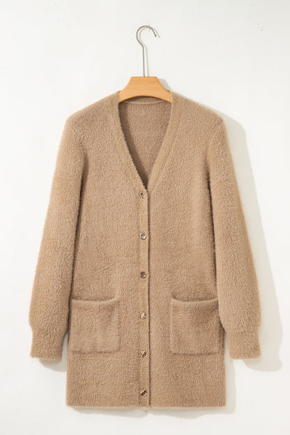 Smoke Gray Fuzzy Buttoned Front Midi Solid Cardigan - Snoopy's Closet
