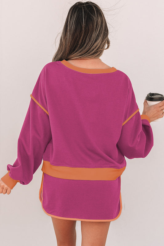 Conjunto de Sudadera Holgada de Contraste en Rojo Rosa y Skort con Cordones en la Cintura