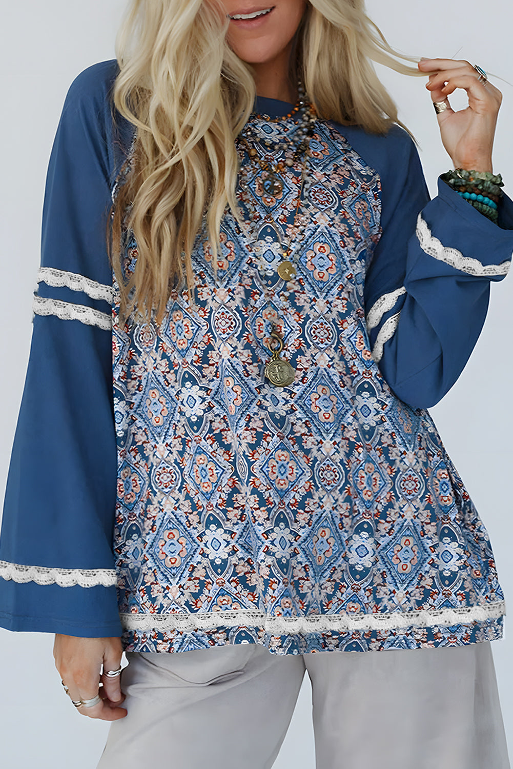 Blue Geometric Printed Lace Patchwork Ric Rac Raglan Long Sleeve Top - Snoopy's Closet