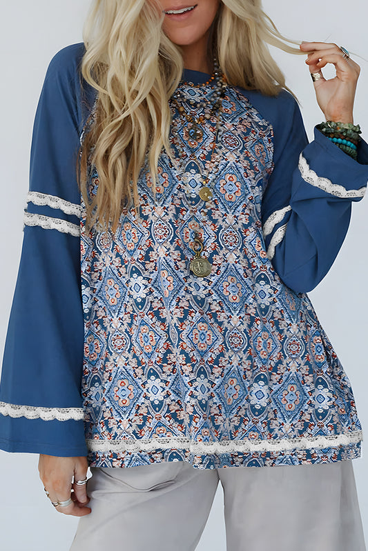Blue Geometric Printed Lace Patchwork Ric Rac Raglan Long Sleeve Top - Snoopy's Closet