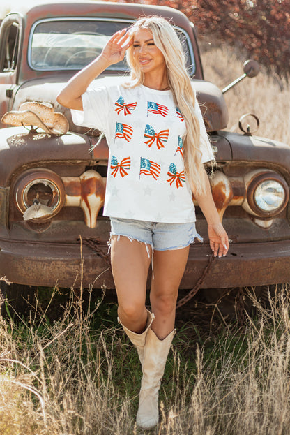 Khaki Patriotic Flag Bow Graphic Starry Round Neck T Shirt - Snoopy's Closet