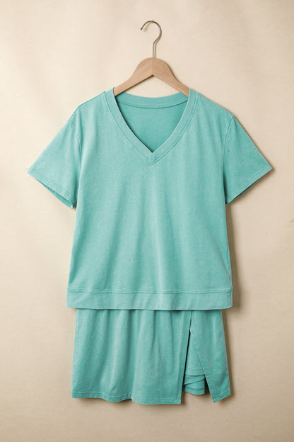 Mint Green Mineral Wash V Neck Tee Matching Skort Set - Snoopy's Closet