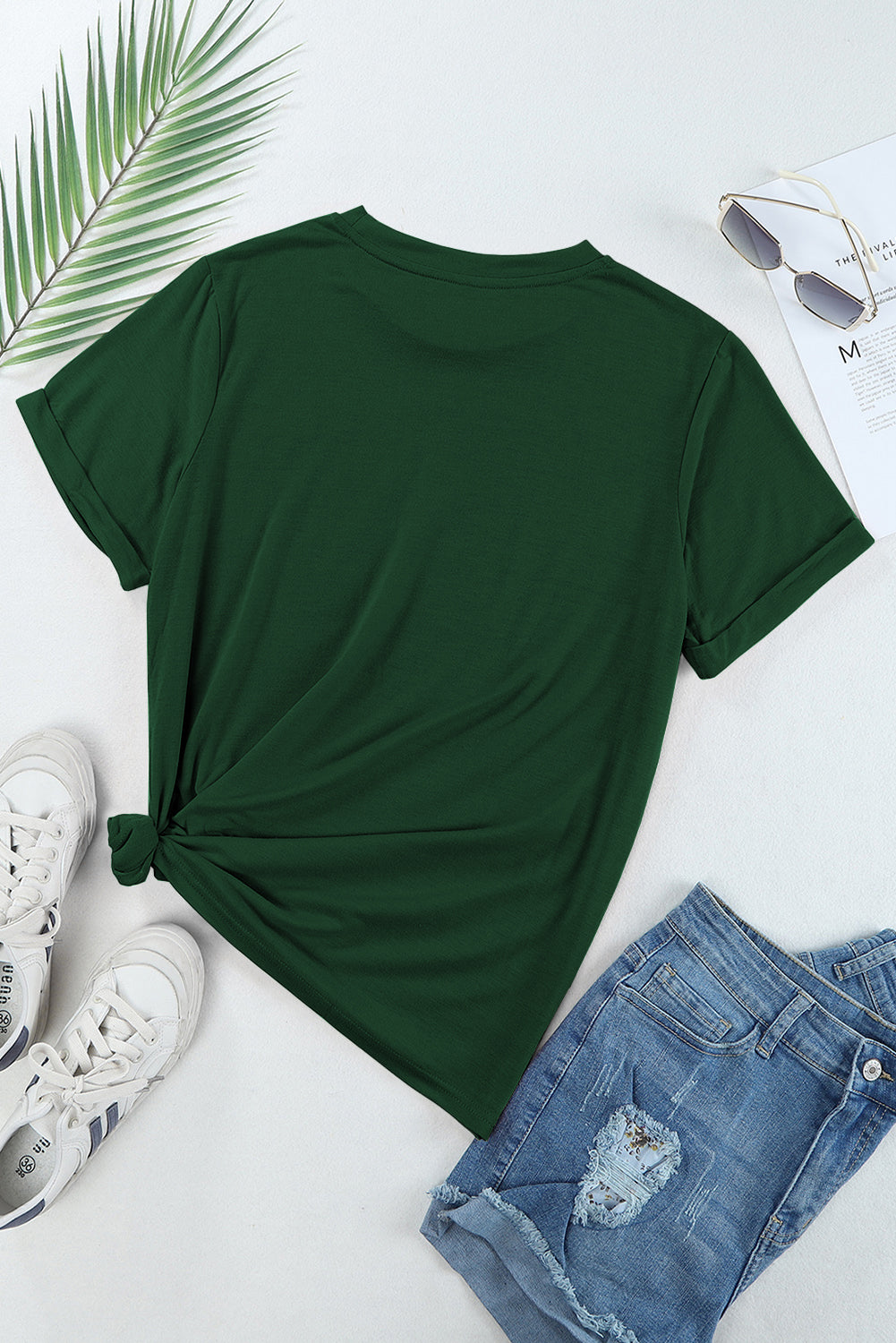 Green Casual Plain Crew Neck Tee - Snoopy's Closet