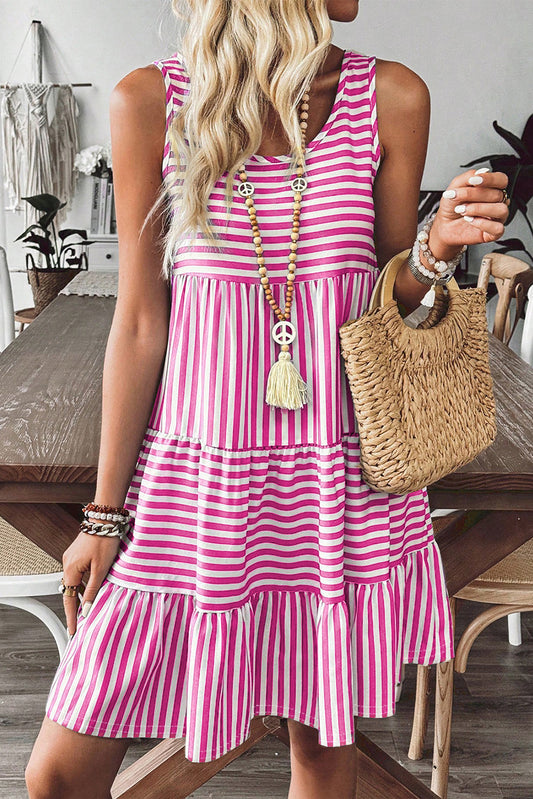 Vestido mini sin mangas con cuello de pico y ajuste holgado, con estampado de rayas de rosas