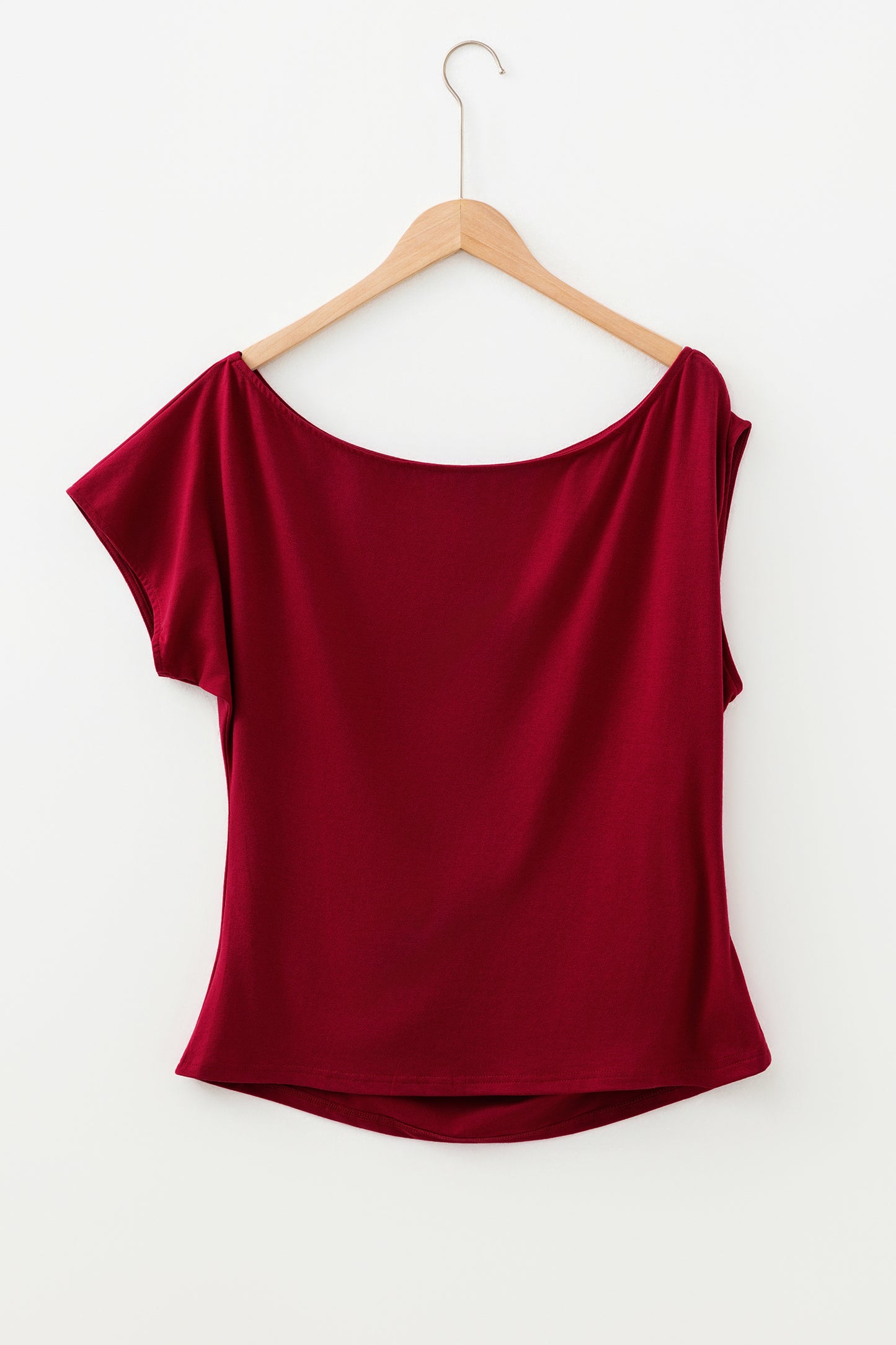 Burgundy Plus Size Solid Color Asymmetric Neck Short Sleeve Blouse - Snoopy's Closet