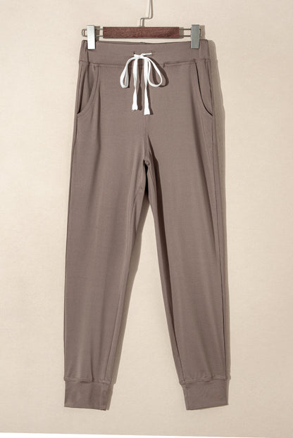 Dark Brown Drawstring Elastic Waistband Pocketed Joggers