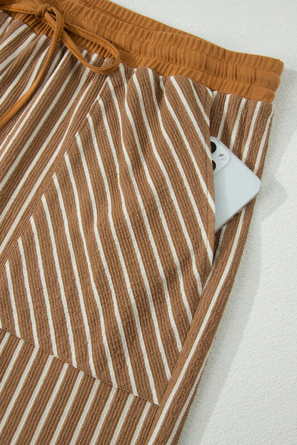 Khaki Stripe Plus Size Striped Colorblock Pocket Lounge Set