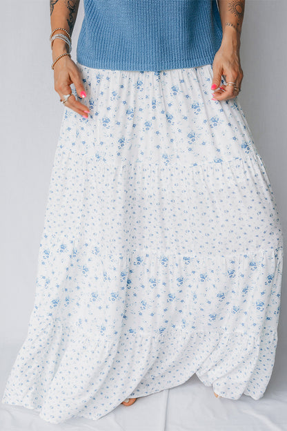Falda larga bohemia de cintura alta azul cielo con estampado floral pequeño