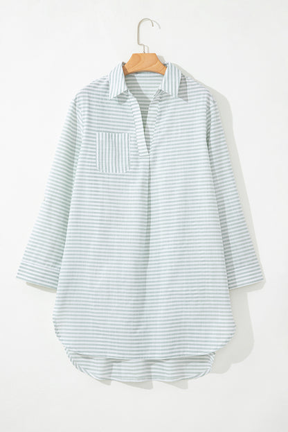 White Stripe Collared V Neck Chest Pocket Long Sleeve Beach Cover up - Snoopy's Closet