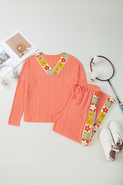 Grapefruit Orange Crochet Floral Accent V Neck Textured Pants Set - Snoopy's Closet