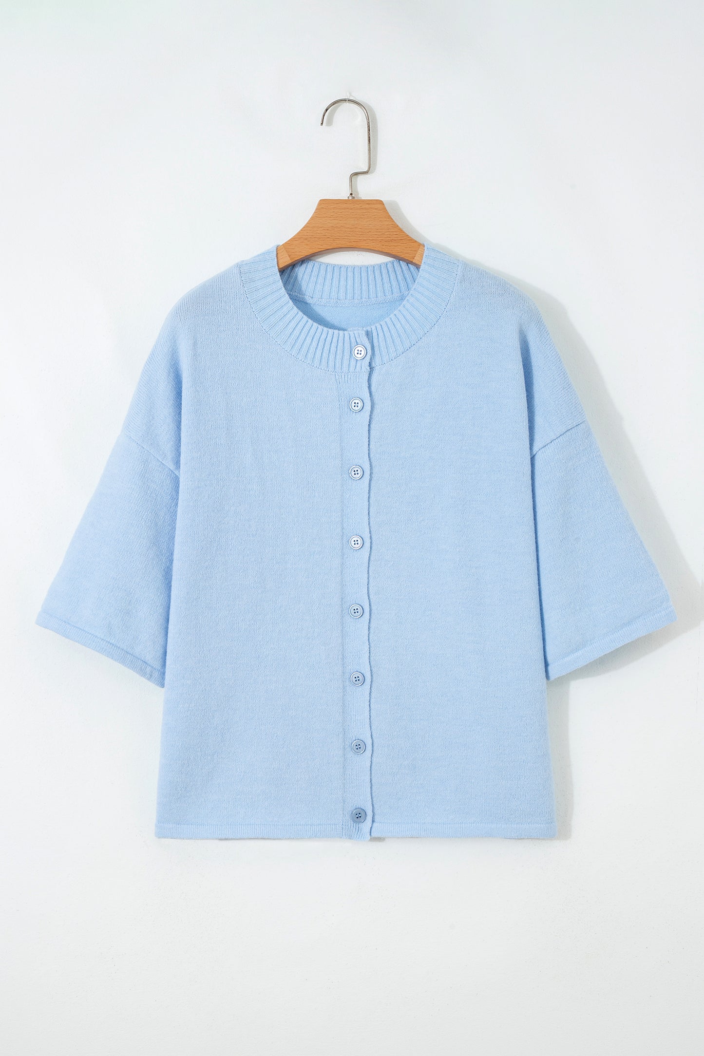 Cárdigan de punto holgado con cuello abotonado y manga 3/4 en azul Beau