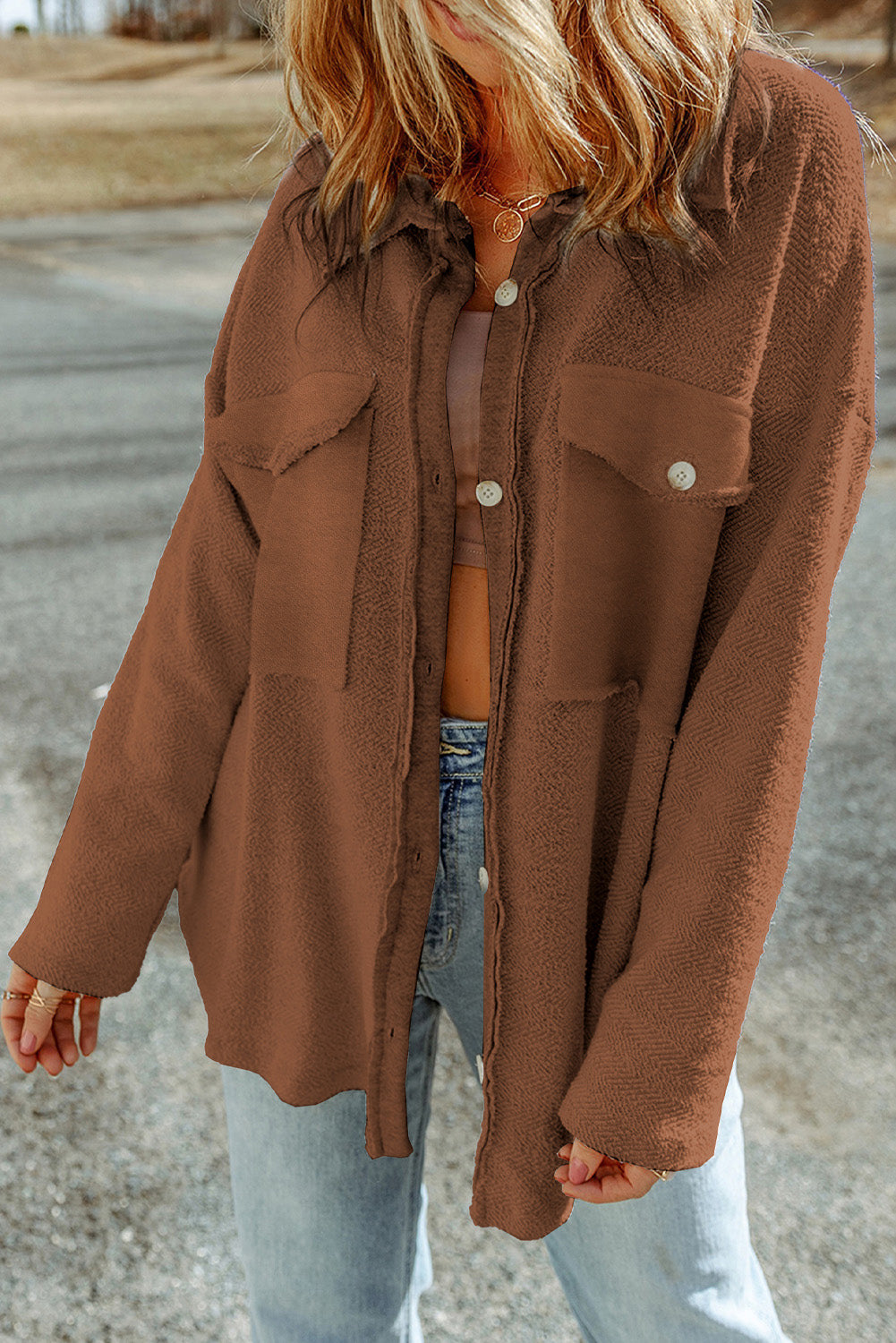 Brown Exposed Seam Terry Patchwork Shacket