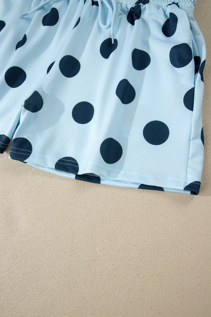 Sky Blue Polka Dot Print Loose Tee Drawstring Elastic Waist Short Set - Snoopy's Closet