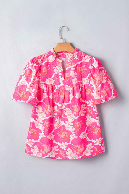 Green Short Bubble Sleeve Summer Floral Blouse