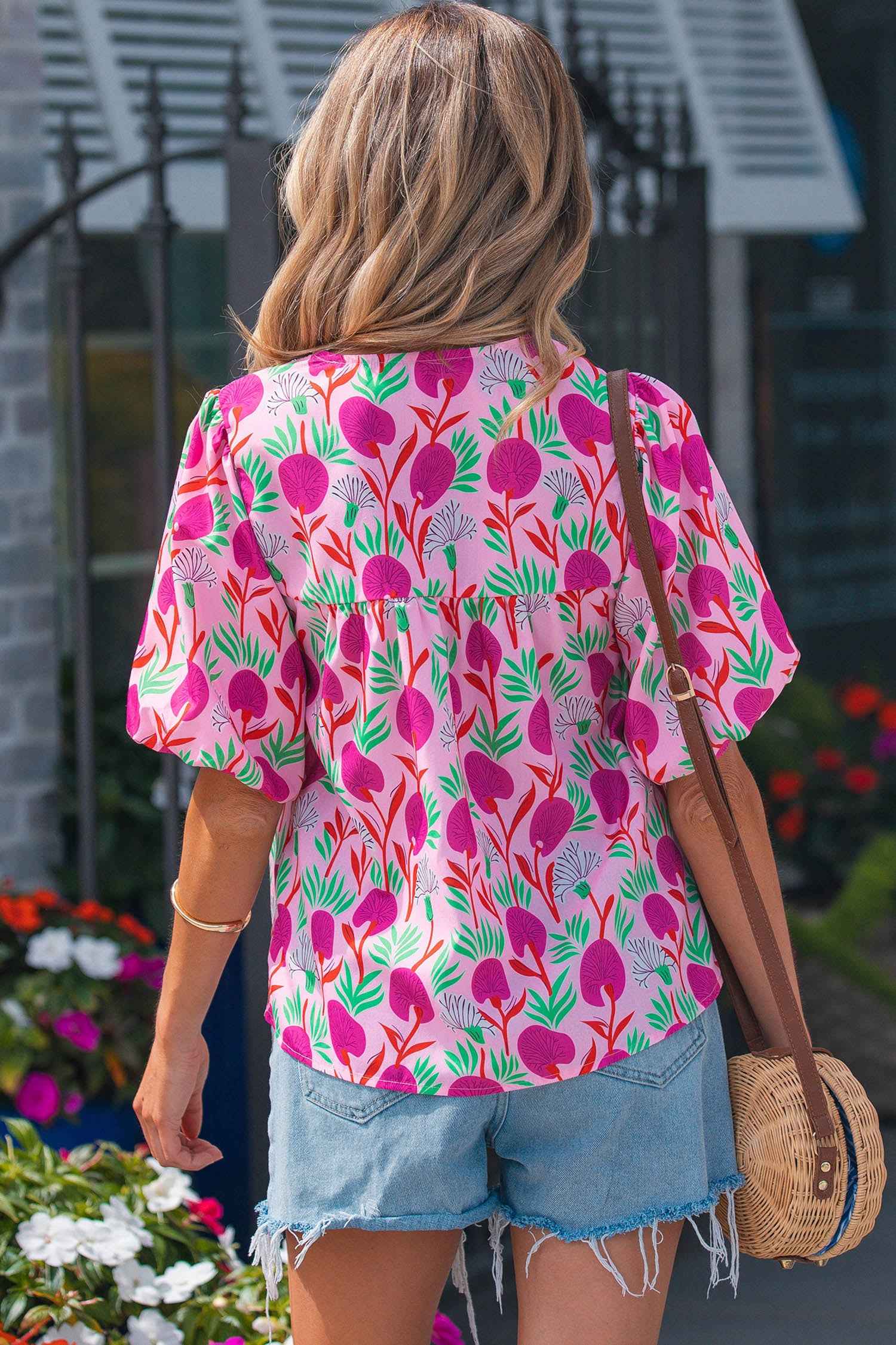 Pink Floral Print Short Sleeve Contrast Patchwork Tassel Tie Blouse