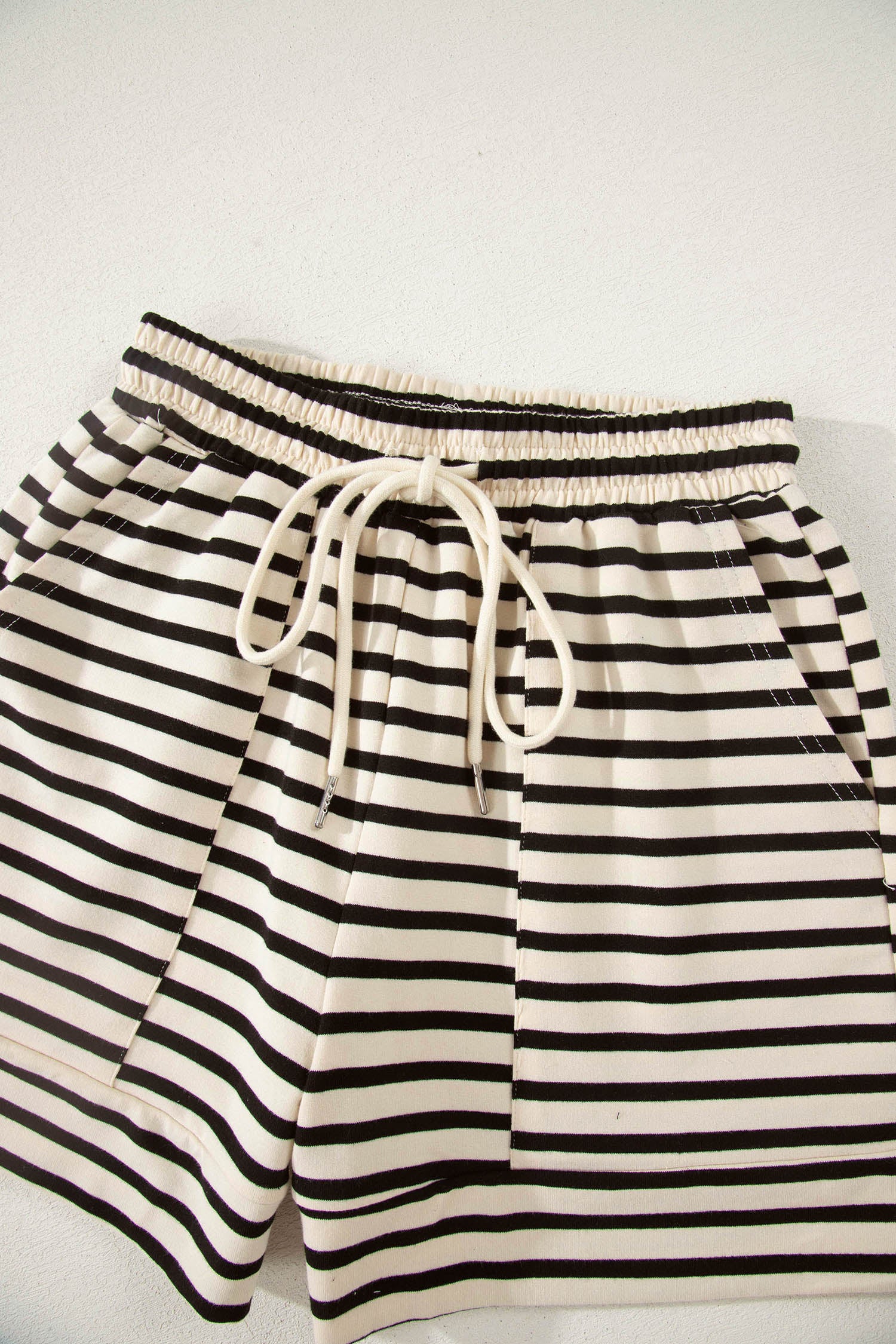 Black Stripe Ribbed Color Block Trim Zip Polo Tee Drawstring Shorts 2pcs Outfit - Snoopy's Closet