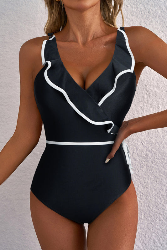 Black Color Contrast Ruffled Wrap V Neck Swimsuit - Snoopy's Closet