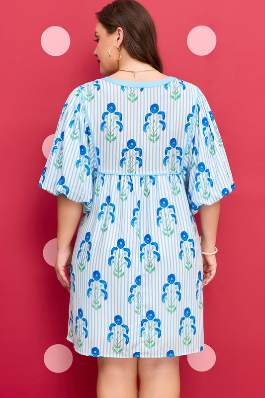 Vestido Talla Grande de Manga Corta Abullonada Rayado Floral Azul Cielo