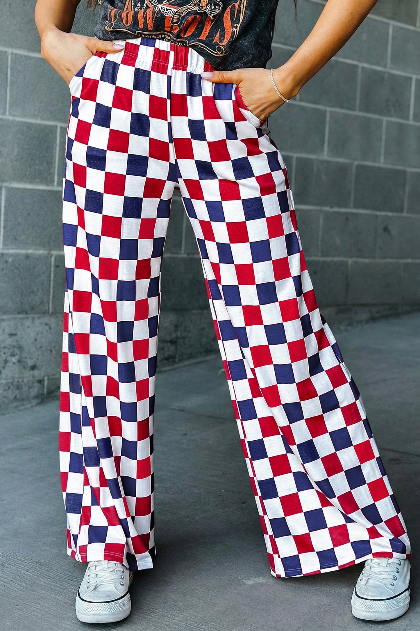 Pantalón de pernera ancha de talle alto con estampado a cuadros de dos tonos en rojo