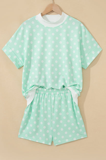 Sky Blue Polka Dot Print Color Block Trim Mock Neck Short Set - Snoopy's Closet