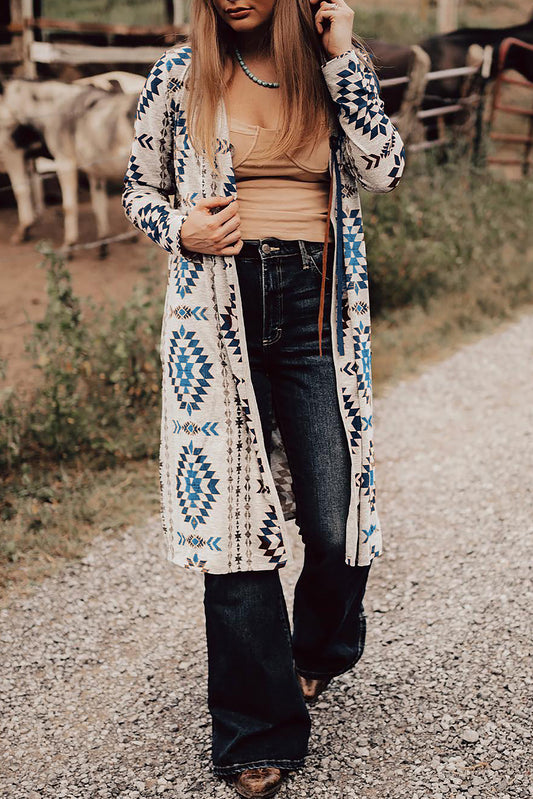Sky Blue Western Aztec Printed Open Front Long Cardigan - Snoopy's Closet
