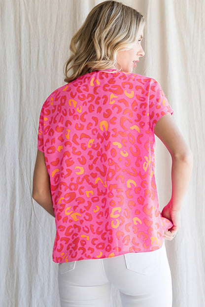 Pink Leopard V Neck Short Sleeve Blouse - Snoopy's Closet