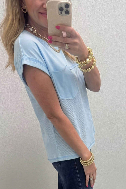 Pink Solid Color Raw Seam Waffled Patchwork Casual T Shirt