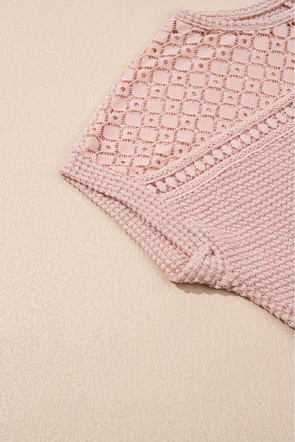 Light Pink Lace Patchwork Waffle Short Sleeve Top - Snoopy's Closet