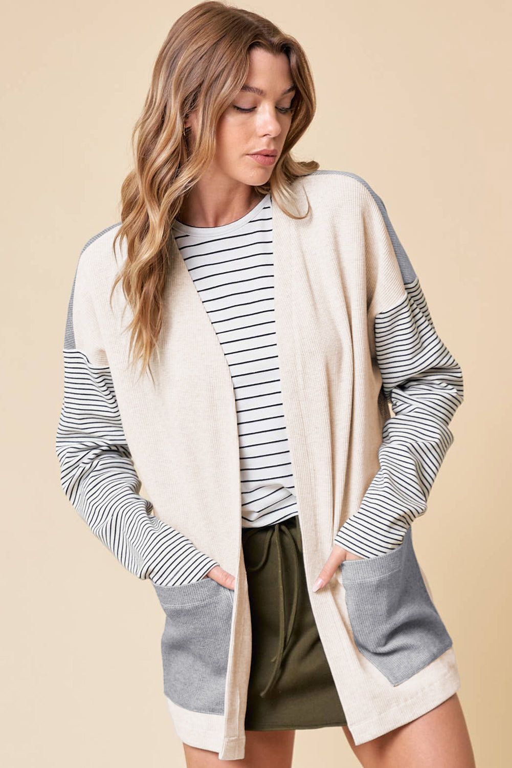 Black Stripe Colorblock Patchwork Open Front Cardigan with Pocket - Snoopy's Closet