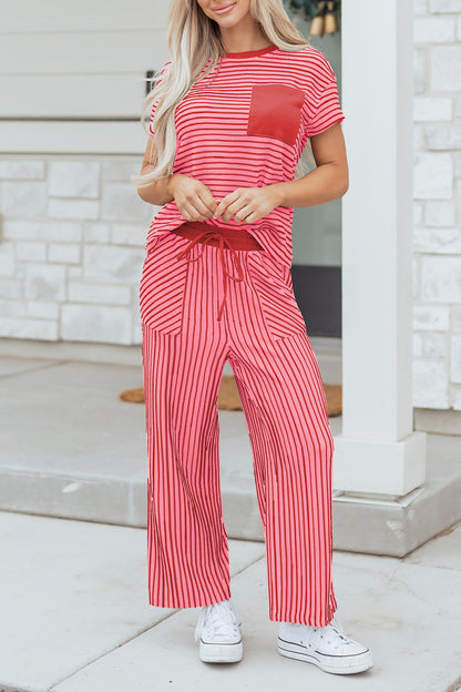 Sky Blue Stripe Crew Neck Tee Drawstring Waist Cropped Pants Set - Snoopy's Closet