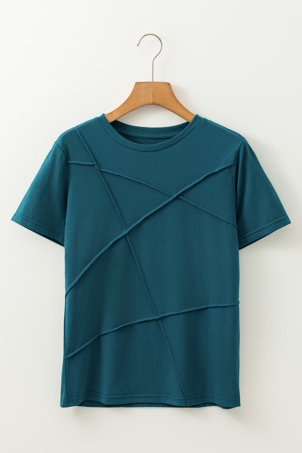 Blue Sapphire Solid Color Toothpick Stripe Round Neck T Shirt - Snoopy's Closet
