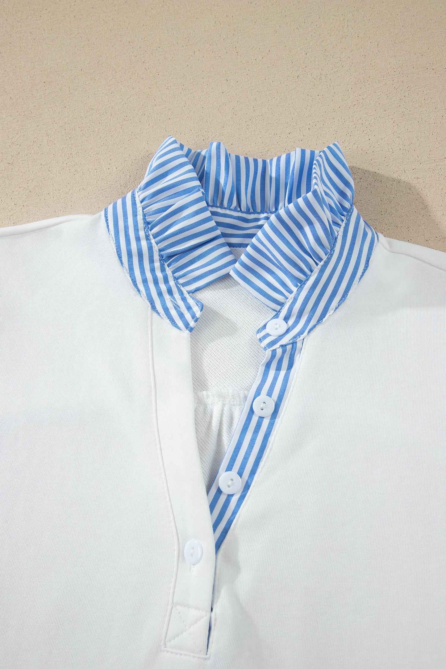 Sky Blue Striped Frilled Collar Short Sleeve Blouse