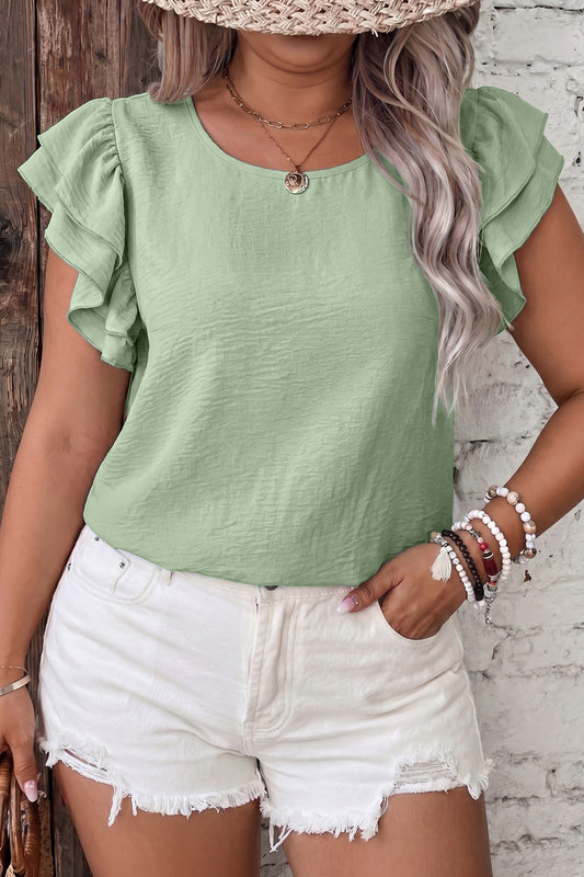 Top de manga con volantes y cuello redondo de talla grande Clearly Aqua