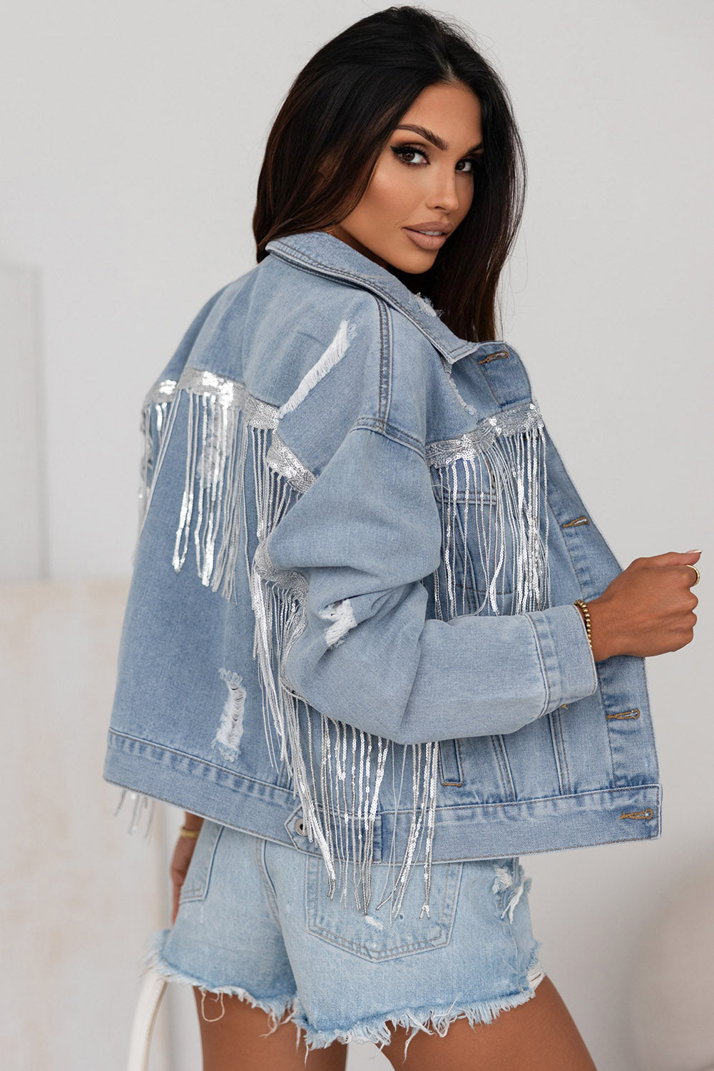 Sky Blue Sequin Embellished Fringe Distressed Denim Jacket - Snoopy's Closet