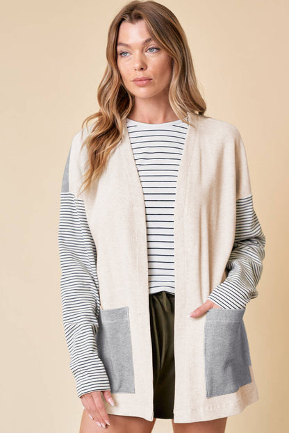 Black Stripe Colorblock Patchwork Open Front Cardigan with Pocket - Snoopy's Closet