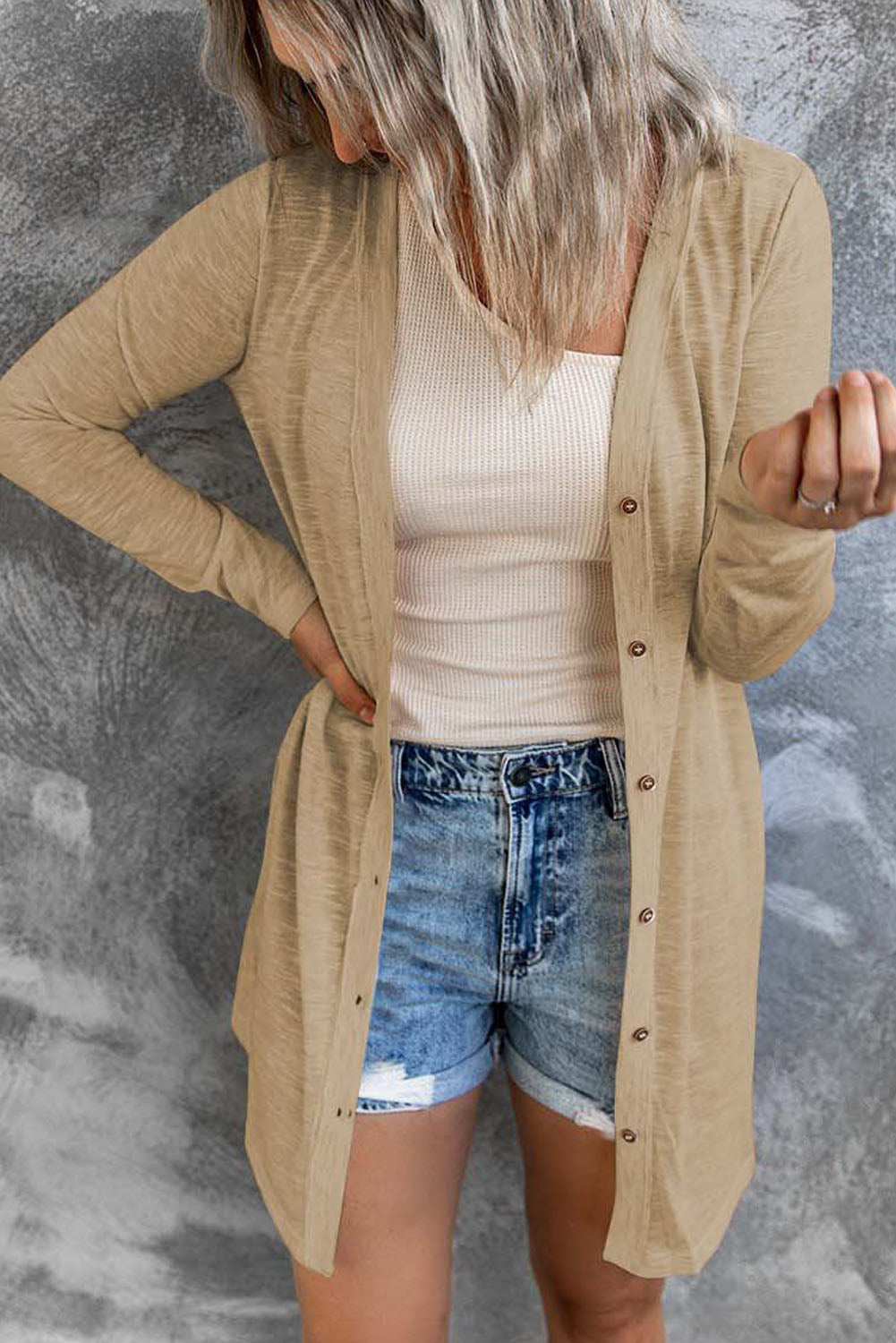 Solid Color Open-Front Buttons Cardigan - Snoopy's Closet