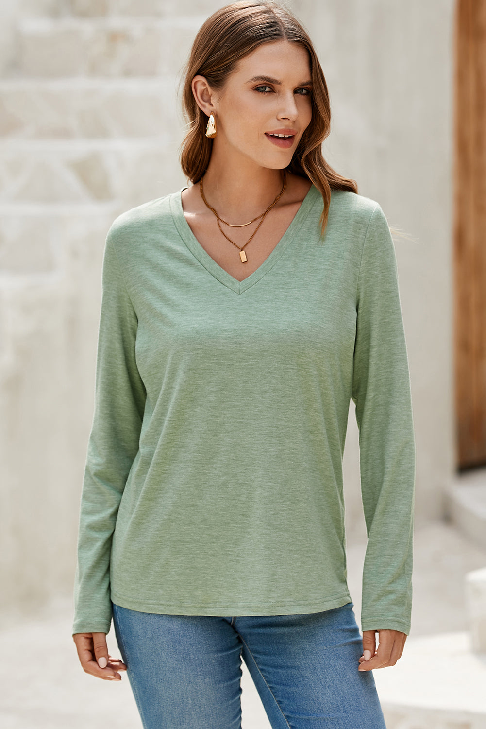 Grass Green Solid Color V Neck Long Sleeve Stretchy Top - Snoopy's Closet