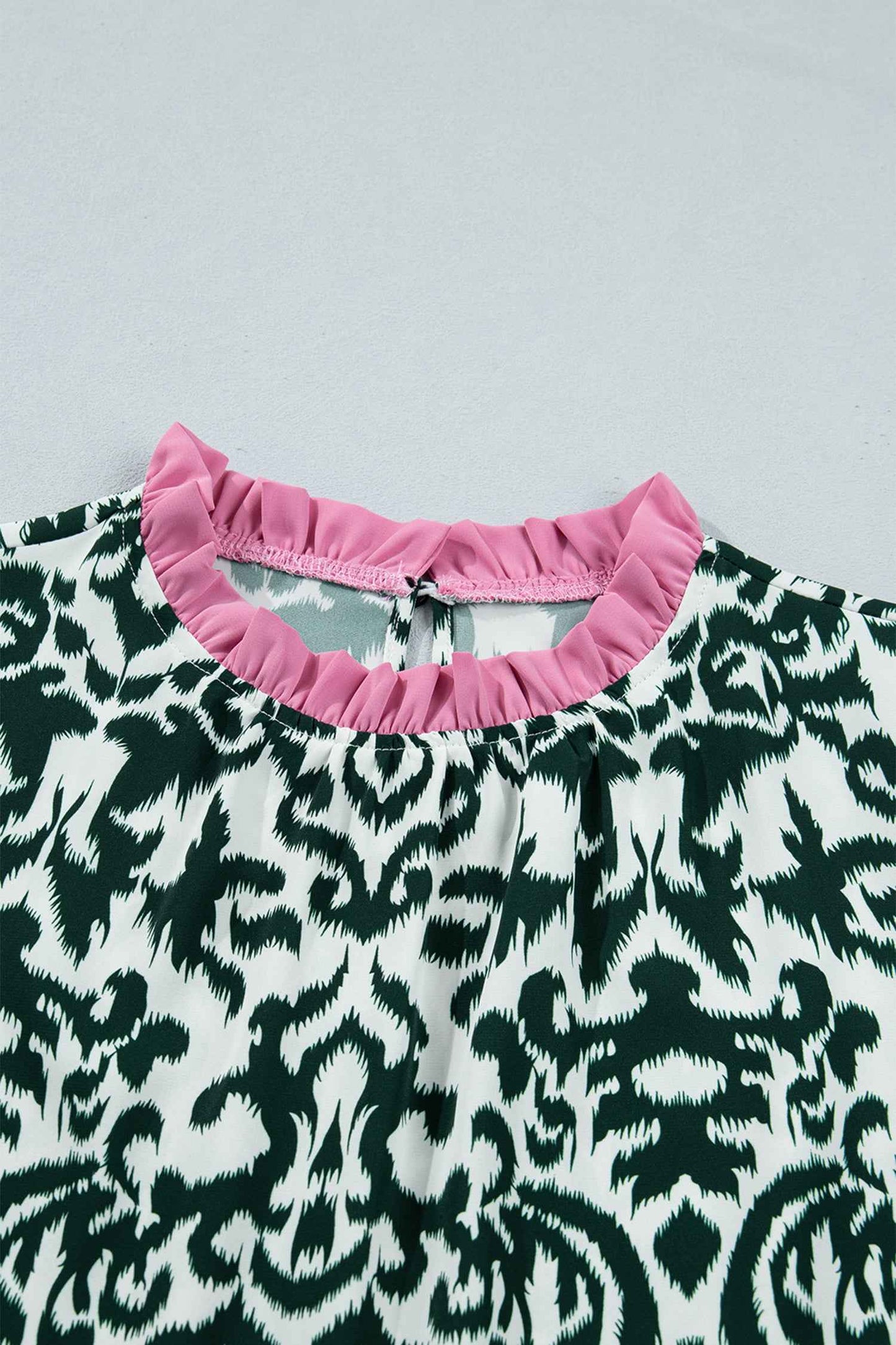Green Damask Print Ruffled Color Block Detail Half Sleeve Blouse