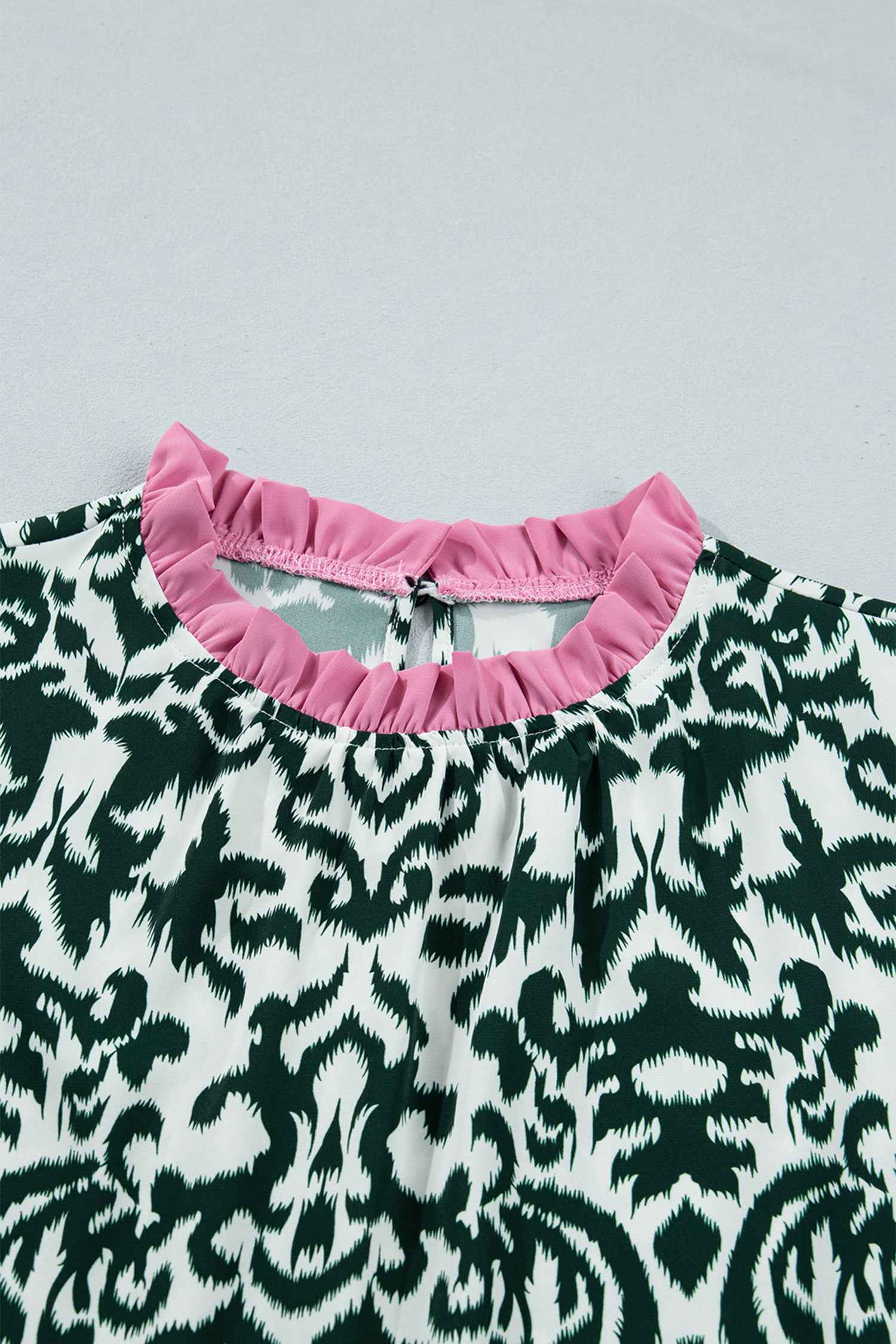 Green Damask Print Ruffled Color Block Detail Half Sleeve Blouse