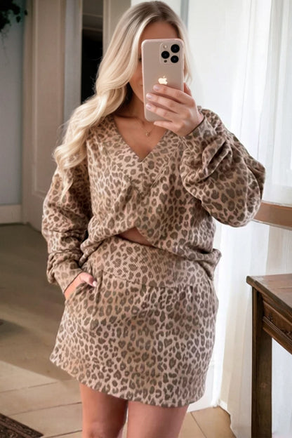 Light French Beige Leopard Print V Neck Pullover Mini Skirt 2pcs Set - Snoopy's Closet
