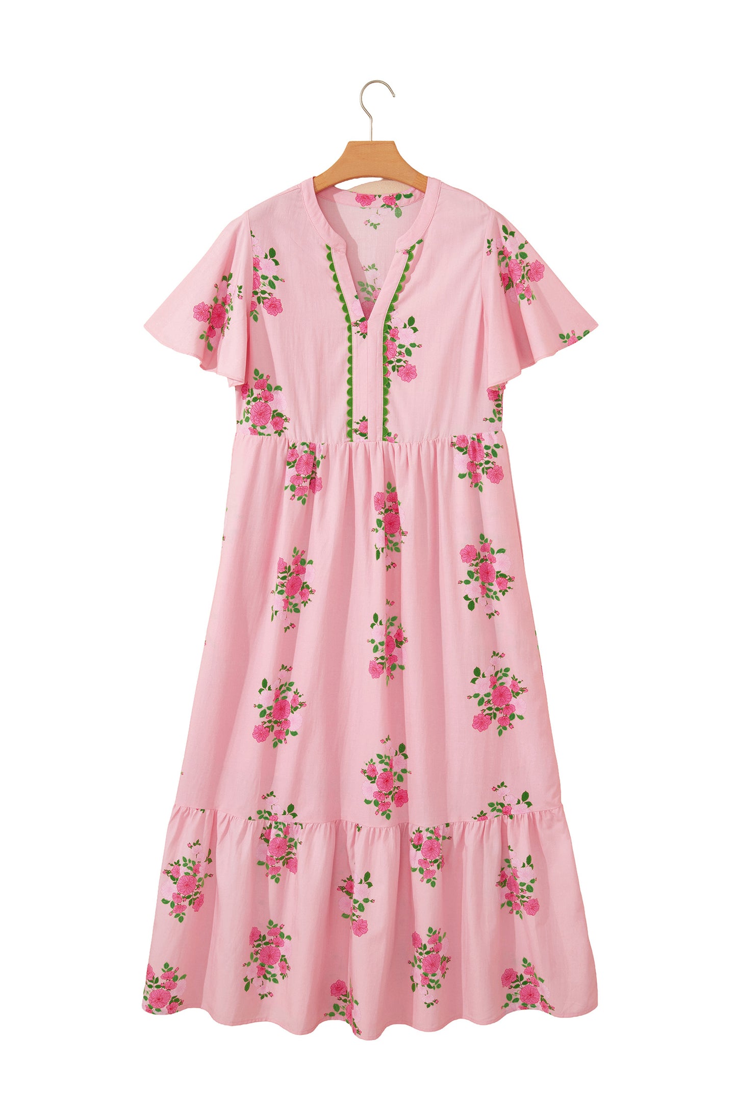 Pink Notched Neck Flutter Short Sleeve Floral Print Maxi Dress - Snoopy's Closet