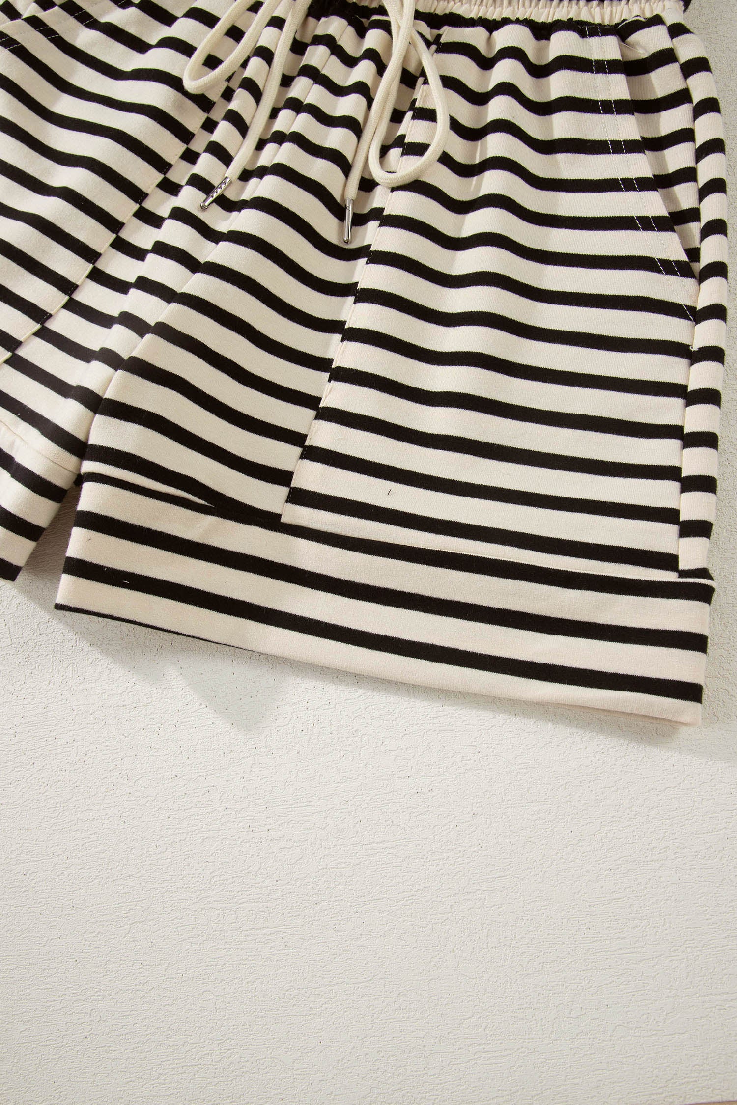 Black Stripe Ribbed Color Block Trim Zip Polo Tee Drawstring Shorts 2pcs Outfit - Snoopy's Closet