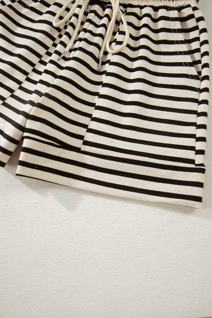 Black Stripe Ribbed Color Block Trim Zip Polo Tee Drawstring Shorts 2pcs Outfit - Snoopy's Closet
