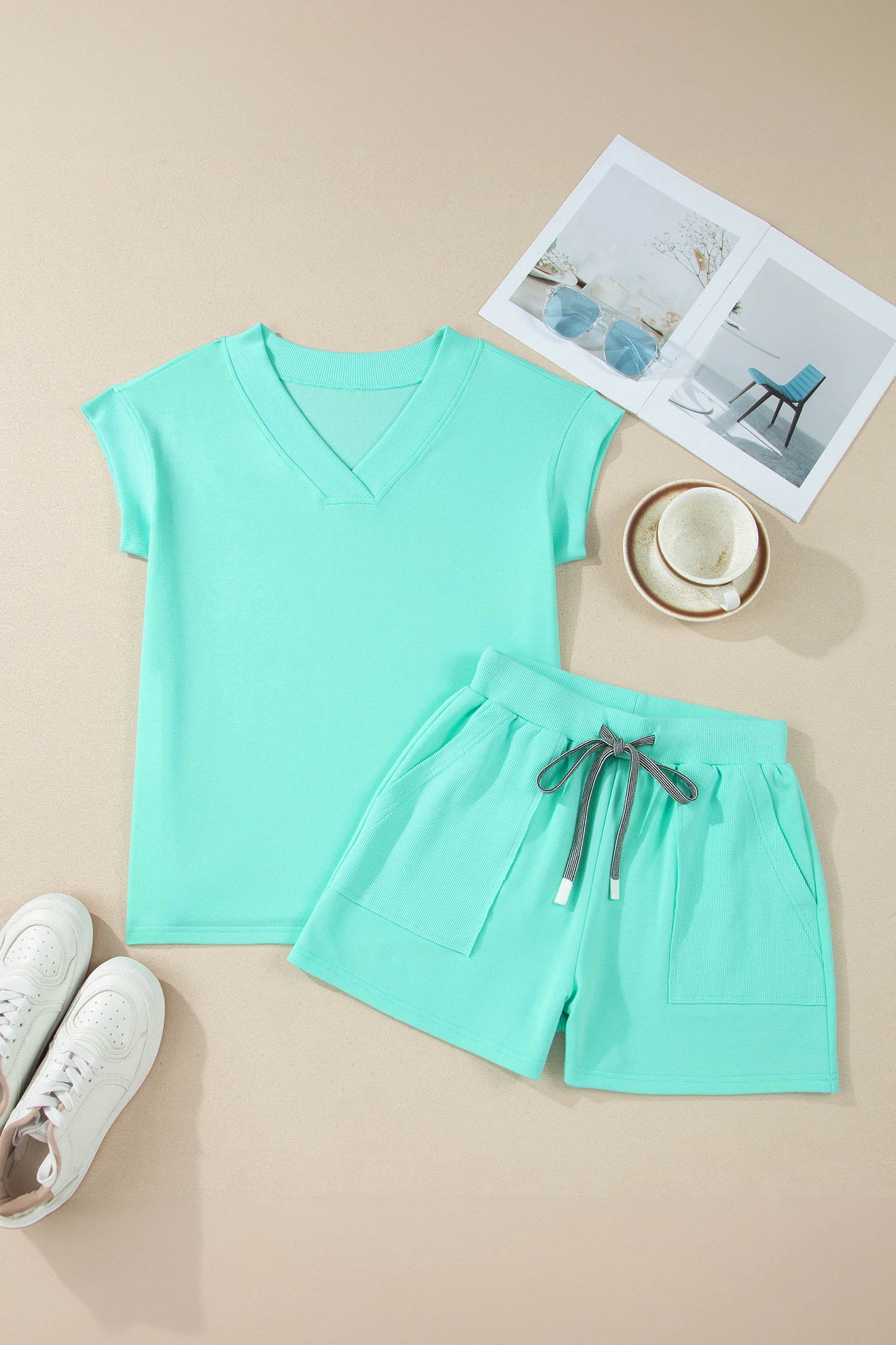 Mint Green V Neck Short Sleeve Top Drawstring Shorts 2pcs Set - Snoopy's Closet
