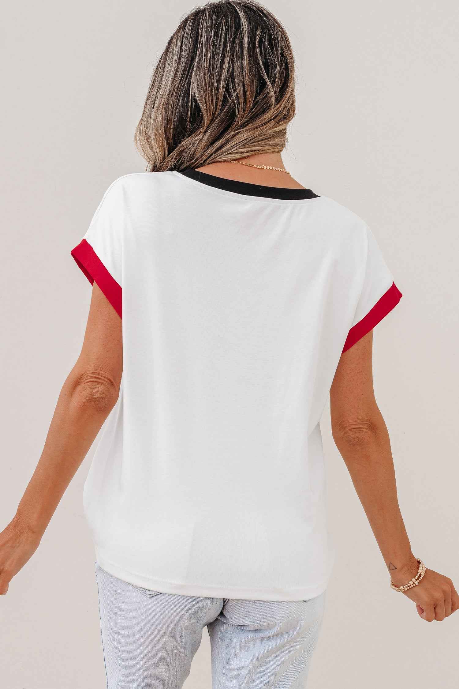 White USA Sequin Color Block Trim Loose T Shirt