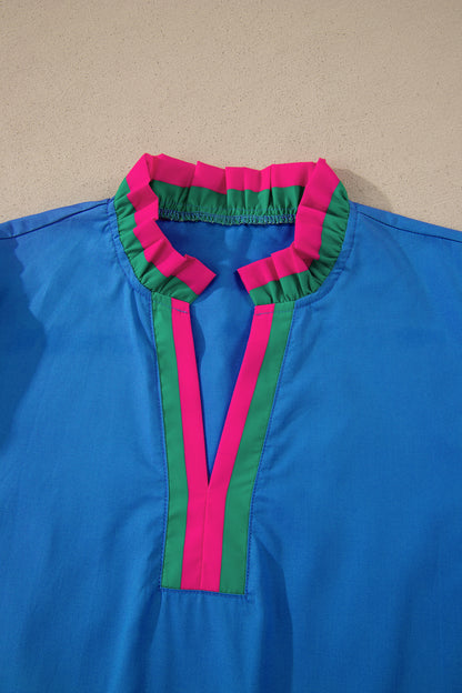 Blusa de manga corta con volantes, cuello con volantes a rayas azul cielo